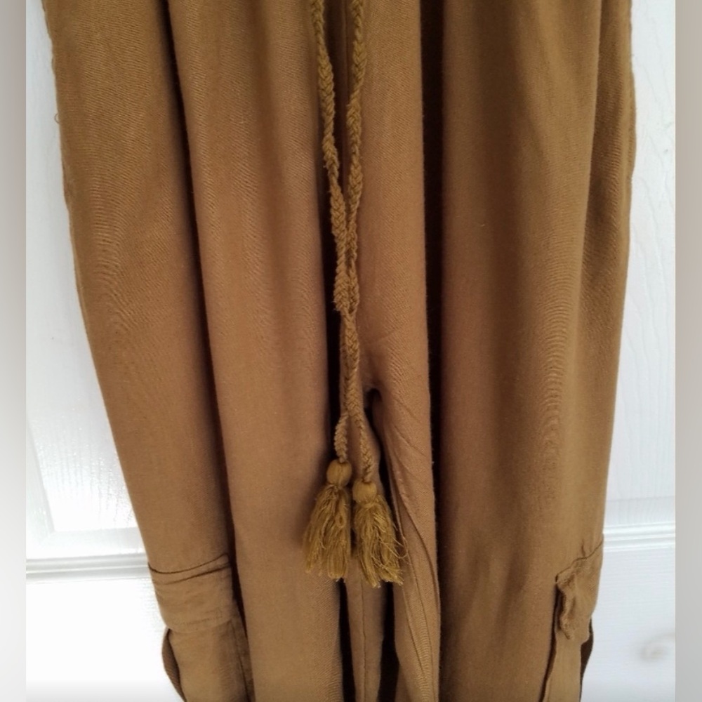 Free People Brown XS linen blend Jumpsuit tie waist long cargo pants - Picture 3 of 6